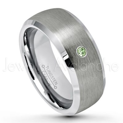 0.21ctw Green Tourmaline & Diamond 3-Stone Tungsten Ring - October Birthstone Ring - 8mm Tungsten Wedding Band - Brushed Finish Semi-Dome Comfort Fit Tungsten Carbide Ring - Beveled Edge Tungsten Anniversary Ring TN007-GTM