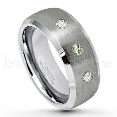 0.21ctw Green Tourmaline 3-Stone Tungsten Ring - October Birthstone Ring - 8mm Tungsten Wedding Band - Brushed Finish Semi-Dome Comfort Fit Tungsten Carbide Ring - Beveled Edge Tungsten Anniversary Ring TN007-GTM