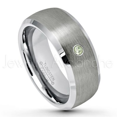 0.21ctw Peridot 3-Stone Tungsten Ring - August Birthstone Ring - 8mm Tungsten Wedding Band - Brushed Finish Semi-Dome Comfort Fit Tungsten Carbide Ring - Beveled Edge Tungsten Anniversary Ring TN007-PD