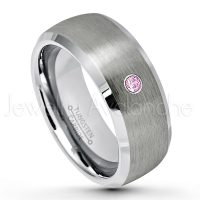 0.07ctw Pink Tourmaline Tungsten Ring - October Birthstone Ring - 8mm Tungsten Wedding Band - Brushed Finish Semi-Dome Comfort Fit Tungsten Carbide Ring - Beveled Edge Tungsten Anniversary Ring TN007-PTM