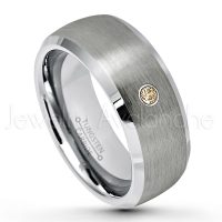 0.07ctw Smokey Quartz Tungsten Ring - November Birthstone Ring - 8mm Tungsten Wedding Band - Brushed Finish Semi-Dome Comfort Fit Tungsten Carbide Ring - Beveled Edge Tungsten Anniversary Ring TN007-SMQ