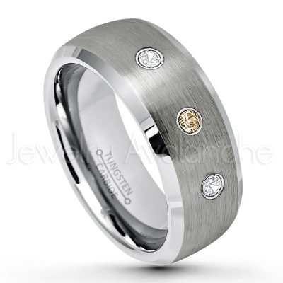 0.21ctw Smokey Quartz 3-Stone Tungsten Ring - November Birthstone Ring - 8mm Tungsten Wedding Band - Brushed Finish Semi-Dome Comfort Fit Tungsten Carbide Ring - Beveled Edge Tungsten Anniversary Ring TN007-SMQ