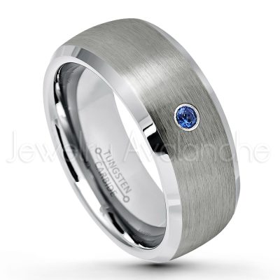 0.21ctw Blue Sapphire 3-Stone Tungsten Ring - September Birthstone Ring - 8mm Tungsten Wedding Band - Brushed Finish Semi-Dome Comfort Fit Tungsten Carbide Ring - Beveled Edge Tungsten Anniversary Ring TN007-SP