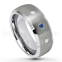 0.21ctw Blue Sapphire & Diamond 3-Stone Tungsten Ring - September Birthstone Ring - 8mm Tungsten Wedding Band - Brushed Finish Semi-Dome Comfort Fit Tungsten Carbide Ring - Beveled Edge Tungsten Anniversary Ring TN007-SP