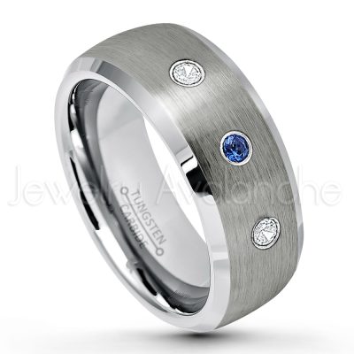 0.07ctw Blue Sapphire Tungsten Ring - September Birthstone Ring - 8mm Tungsten Wedding Band - Brushed Finish Semi-Dome Comfort Fit Tungsten Carbide Ring - Beveled Edge Tungsten Anniversary Ring TN007-SP