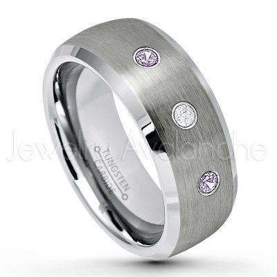 0.21ctw Amethyst & Diamond 3-Stone Tungsten Ring - February Birthstone Ring - 8mm Tungsten Wedding Band - Brushed Finish Semi-Dome Comfort Fit Tungsten Carbide Ring - Beveled Edge Tungsten Anniversary Ring TN007-AMT