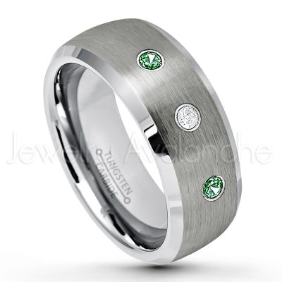 0.21ctw Emerald 3-Stone Tungsten Ring - May Birthstone Ring - 8mm Tungsten Wedding Band - Brushed Finish Semi-Dome Comfort Fit Tungsten Carbide Ring - Beveled Edge Tungsten Anniversary Ring TN007-ED