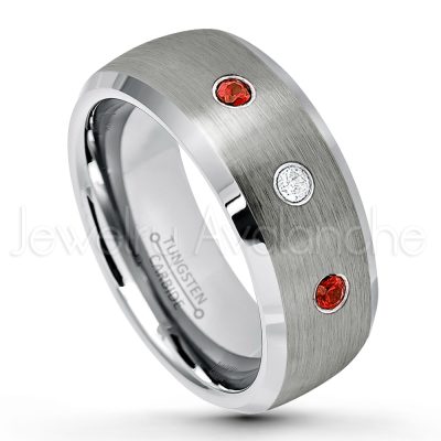 0.21ctw Garnet 3-Stone Tungsten Ring - January Birthstone Ring - 8mm Tungsten Wedding Band - Brushed Finish Semi-Dome Comfort Fit Tungsten Carbide Ring - Beveled Edge Tungsten Anniversary Ring TN007-GR