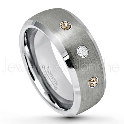 0.21ctw Smokey Quartz & Diamond 3-Stone Tungsten Ring - November Birthstone Ring - 8mm Tungsten Wedding Band - Brushed Finish Semi-Dome Comfort Fit Tungsten Carbide Ring - Beveled Edge Tungsten Anniversary Ring TN007-SMQ