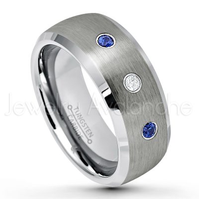 0.21ctw Blue Sapphire & Diamond 3-Stone Tungsten Ring - September Birthstone Ring - 8mm Tungsten Wedding Band - Brushed Finish Semi-Dome Comfort Fit Tungsten Carbide Ring - Beveled Edge Tungsten Anniversary Ring TN007-SP
