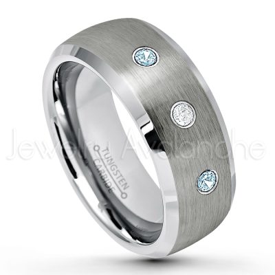 0.21ctw Topaz & Diamond 3-Stone Tungsten Ring - November Birthstone Ring - 8mm Tungsten Wedding Band - Brushed Finish Semi-Dome Comfort Fit Tungsten Carbide Ring - Beveled Edge Tungsten Anniversary Ring TN007-TP
