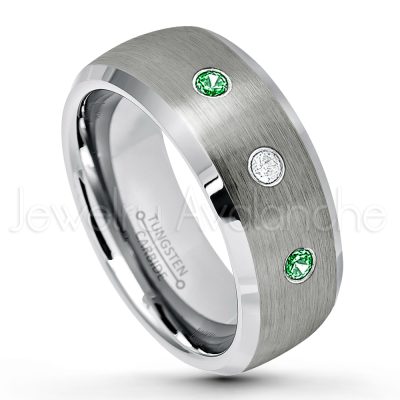 0.21ctw Tsavorite & Diamond 3-Stone Tungsten Ring - January Birthstone Ring - 8mm Tungsten Wedding Band - Brushed Finish Semi-Dome Comfort Fit Tungsten Carbide Ring - Beveled Edge Tungsten Anniversary Ring TN007-TVR
