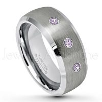 0.21ctw Amethyst 3-Stone Tungsten Ring - February Birthstone Ring - 8mm Tungsten Wedding Band - Brushed Finish Semi-Dome Comfort Fit Tungsten Carbide Ring - Beveled Edge Tungsten Anniversary Ring TN007-AMT