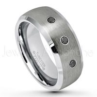 0.21ctw Black Diamond 3-Stone Tungsten Ring - April Birthstone Ring - 8mm Tungsten Wedding Band - Brushed Finish Semi-Dome Comfort Fit Tungsten Carbide Ring - Beveled Edge Tungsten Anniversary Ring TN007-BD