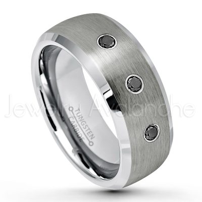 0.21ctw Black & White Diamond 3-Stone Tungsten Ring - April Birthstone Ring - 8mm Tungsten Wedding Band - Brushed Finish Semi-Dome Comfort Fit Tungsten Carbide Ring - Beveled Edge Tungsten Anniversary Ring TN007-BD