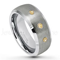 0.21ctw Citrine 3-Stone Tungsten Ring - November Birthstone Ring - 8mm Tungsten Wedding Band - Brushed Finish Semi-Dome Comfort Fit Tungsten Carbide Ring - Beveled Edge Tungsten Anniversary Ring TN007-CN