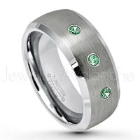0.21ctw Emerald 3-Stone Tungsten Ring - May Birthstone Ring - 8mm Tungsten Wedding Band - Brushed Finish Semi-Dome Comfort Fit Tungsten Carbide Ring - Beveled Edge Tungsten Anniversary Ring TN007-ED