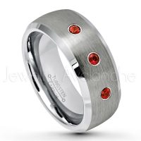 0.21ctw Garnet 3-Stone Tungsten Ring - January Birthstone Ring - 8mm Tungsten Wedding Band - Brushed Finish Semi-Dome Comfort Fit Tungsten Carbide Ring - Beveled Edge Tungsten Anniversary Ring TN007-GR