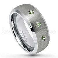 0.21ctw Green Tourmaline 3-Stone Tungsten Ring - October Birthstone Ring - 8mm Tungsten Wedding Band - Brushed Finish Semi-Dome Comfort Fit Tungsten Carbide Ring - Beveled Edge Tungsten Anniversary Ring TN007-GTM
