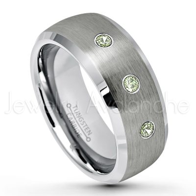 0.21ctw Peridot & Diamond 3-Stone Tungsten Ring - August Birthstone Ring - 8mm Tungsten Wedding Band - Brushed Finish Semi-Dome Comfort Fit Tungsten Carbide Ring - Beveled Edge Tungsten Anniversary Ring TN007-PD
