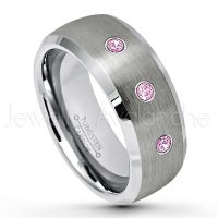 0.21ctw Pink Tourmaline 3-Stone Tungsten Ring - October Birthstone Ring - 8mm Tungsten Wedding Band - Brushed Finish Semi-Dome Comfort Fit Tungsten Carbide Ring - Beveled Edge Tungsten Anniversary Ring TN007-PTM