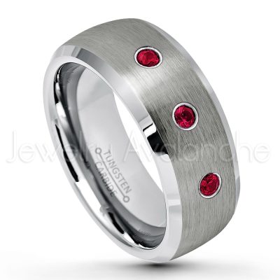0.07ctw Ruby Tungsten Ring - July Birthstone Ring - 8mm Tungsten Wedding Band - Brushed Finish Semi-Dome Comfort Fit Tungsten Carbide Ring - Beveled Edge Tungsten Anniversary Ring TN007-RB