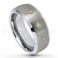 0.21ctw Smokey Quartz 3-Stone Tungsten Ring - November Birthstone Ring - 8mm Tungsten Wedding Band - Brushed Finish Semi-Dome Comfort Fit Tungsten Carbide Ring - Beveled Edge Tungsten Anniversary Ring TN007-SMQ