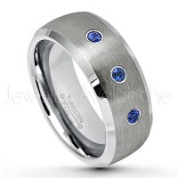 0.21ctw Blue Sapphire 3-Stone Tungsten Ring - September Birthstone Ring - 8mm Tungsten Wedding Band - Brushed Finish Semi-Dome Comfort Fit Tungsten Carbide Ring - Beveled Edge Tungsten Anniversary Ring TN007-SP