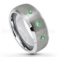 0.21ctw Tsavorite 3-Stone Tungsten Ring - January Birthstone Ring - 8mm Tungsten Wedding Band - Brushed Finish Semi-Dome Comfort Fit Tungsten Carbide Ring - Beveled Edge Tungsten Anniversary Ring TN007-TVR