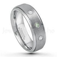 0.21ctw Alexandrite & Diamond 3-Stone Tungsten Ring - June Birthstone Ring - 6mm Tungsten Wedding Band - Brushed Finish Comfort Fit Tungsten Carbide Ring - Stepped Edge Tungsten Anniversary Ring TN008-ALX