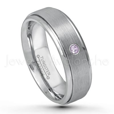 0.21ctw Amethyst & Diamond 3-Stone Tungsten Ring - February Birthstone Ring - 6mm Tungsten Wedding Band - Brushed Finish Comfort Fit Tungsten Carbide Ring - Stepped Edge Tungsten Anniversary Ring TN008-AMT