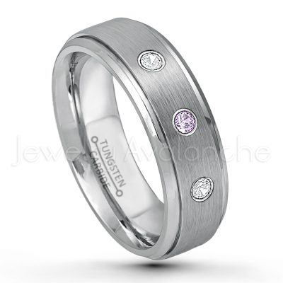 0.21ctw Amethyst & Diamond 3-Stone Tungsten Ring - February Birthstone Ring - 6mm Tungsten Wedding Band - Brushed Finish Comfort Fit Tungsten Carbide Ring - Stepped Edge Tungsten Anniversary Ring TN008-AMT