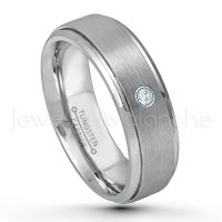 0.07ctw Aquamarine Tungsten Ring - March Birthstone Ring - 6mm Tungsten Wedding Band - Brushed Finish Comfort Fit Tungsten Carbide Ring - Stepped Edge Tungsten Anniversary Ring TN008-AQM