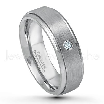 0.21ctw Aquamarine 3-Stone Tungsten Ring - March Birthstone Ring - 6mm Tungsten Wedding Band - Brushed Finish Comfort Fit Tungsten Carbide Ring - Stepped Edge Tungsten Anniversary Ring TN008-AQM