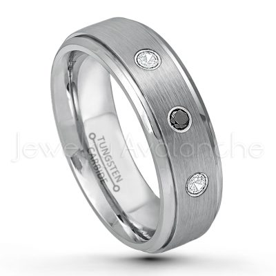 0.21ctw White & Black Diamond 3-Stone Tungsten Ring - April Birthstone Ring - 6mm Tungsten Wedding Band - Brushed Finish Comfort Fit Tungsten Carbide Ring - Stepped Edge Tungsten Anniversary Ring TN008-WD