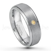 0.07ctw Citrine Tungsten Ring - November Birthstone Ring - 6mm Tungsten Wedding Band - Brushed Finish Comfort Fit Tungsten Carbide Ring - Stepped Edge Tungsten Anniversary Ring TN008-CN