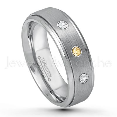 0.21ctw Citrine 3-Stone Tungsten Ring - November Birthstone Ring - 6mm Tungsten Wedding Band - Brushed Finish Comfort Fit Tungsten Carbide Ring - Stepped Edge Tungsten Anniversary Ring TN008-CN