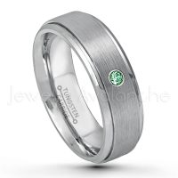0.07ctw Emerald Tungsten Ring - May Birthstone Ring - 6mm Tungsten Wedding Band - Brushed Finish Comfort Fit Tungsten Carbide Ring - Stepped Edge Tungsten Anniversary Ring TN008-ED