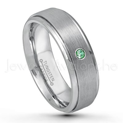 0.21ctw Emerald & Diamond 3-Stone Tungsten Ring - May Birthstone Ring - 6mm Tungsten Wedding Band - Brushed Finish Comfort Fit Tungsten Carbide Ring - Stepped Edge Tungsten Anniversary Ring TN008-ED