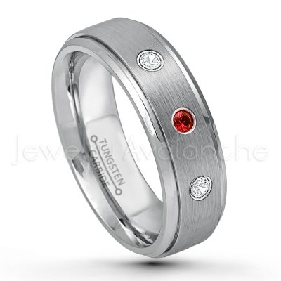0.21ctw Garnet 3-Stone Tungsten Ring - January Birthstone Ring - 6mm Tungsten Wedding Band - Brushed Finish Comfort Fit Tungsten Carbide Ring - Stepped Edge Tungsten Anniversary Ring TN008-GR