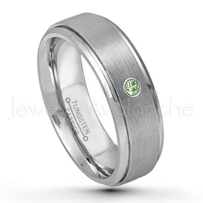 0.21ctw Green Tourmaline & Diamond 3-Stone Tungsten Ring - October Birthstone Ring - 6mm Tungsten Wedding Band - Brushed Finish Comfort Fit Tungsten Carbide Ring - Stepped Edge Tungsten Anniversary Ring TN008-GTM