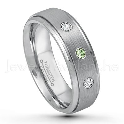 0.21ctw Green Tourmaline 3-Stone Tungsten Ring - October Birthstone Ring - 6mm Tungsten Wedding Band - Brushed Finish Comfort Fit Tungsten Carbide Ring - Stepped Edge Tungsten Anniversary Ring TN008-GTM