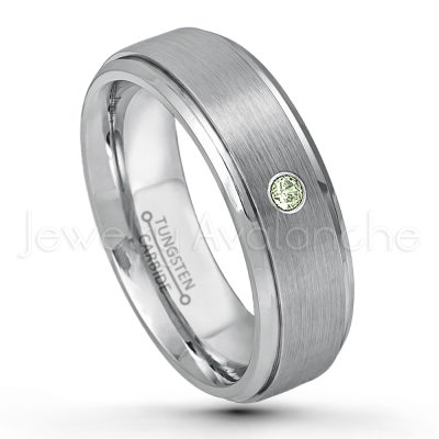 0.21ctw Peridot 3-Stone Tungsten Ring - August Birthstone Ring - 6mm Tungsten Wedding Band - Brushed Finish Comfort Fit Tungsten Carbide Ring - Stepped Edge Tungsten Anniversary Ring TN008-PD