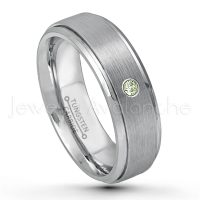0.07ctw Peridot Tungsten Ring - August Birthstone Ring - 6mm Tungsten Wedding Band - Brushed Finish Comfort Fit Tungsten Carbide Ring - Stepped Edge Tungsten Anniversary Ring TN008-PD
