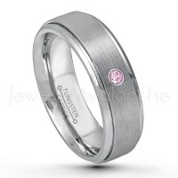 0.07ctw Pink Tourmaline Tungsten Ring - October Birthstone Ring - 6mm Tungsten Wedding Band - Brushed Finish Comfort Fit Tungsten Carbide Ring - Stepped Edge Tungsten Anniversary Ring TN008-PTM