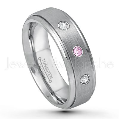 0.21ctw Pink Tourmaline 3-Stone Tungsten Ring - October Birthstone Ring - 6mm Tungsten Wedding Band - Brushed Finish Comfort Fit Tungsten Carbide Ring - Stepped Edge Tungsten Anniversary Ring TN008-PTM