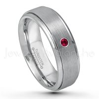 0.07ctw Ruby Tungsten Ring - July Birthstone Ring - 6mm Tungsten Wedding Band - Brushed Finish Comfort Fit Tungsten Carbide Ring - Stepped Edge Tungsten Anniversary Ring TN008-RB