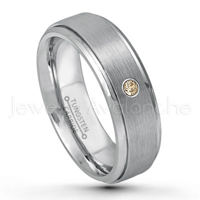 0.21ctw Smokey Quartz & Diamond 3-Stone Tungsten Ring - November Birthstone Ring - 6mm Tungsten Wedding Band - Brushed Finish Comfort Fit Tungsten Carbide Ring - Stepped Edge Tungsten Anniversary Ring TN008-SMQ