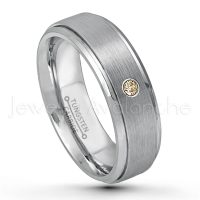 0.07ctw Smokey Quartz Tungsten Ring - November Birthstone Ring - 6mm Tungsten Wedding Band - Brushed Finish Comfort Fit Tungsten Carbide Ring - Stepped Edge Tungsten Anniversary Ring TN008-SMQ