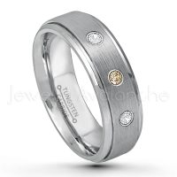 0.21ctw Smokey Quartz & Diamond 3-Stone Tungsten Ring - November Birthstone Ring - 6mm Tungsten Wedding Band - Brushed Finish Comfort Fit Tungsten Carbide Ring - Stepped Edge Tungsten Anniversary Ring TN008-SMQ
